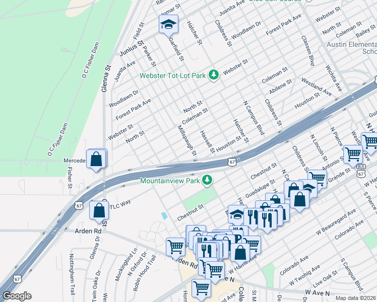 map of restaurants, bars, coffee shops, grocery stores, and more near 751-799 Millspaugh St in San Angelo