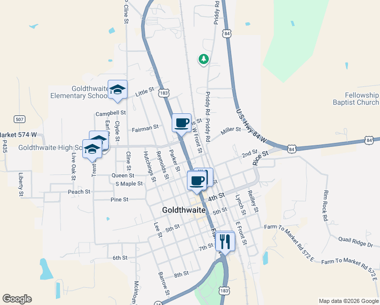 map of restaurants, bars, coffee shops, grocery stores, and more near 1004 1st Street in Goldthwaite