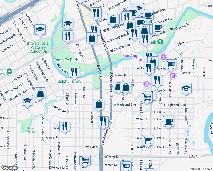 map of restaurants, bars, coffee shops, grocery stores, and more near 419 West Avenue C in San Angelo