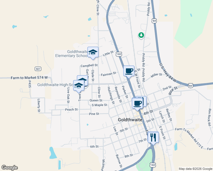 map of restaurants, bars, coffee shops, grocery stores, and more near 1208 Hanna Valley Road in Goldthwaite