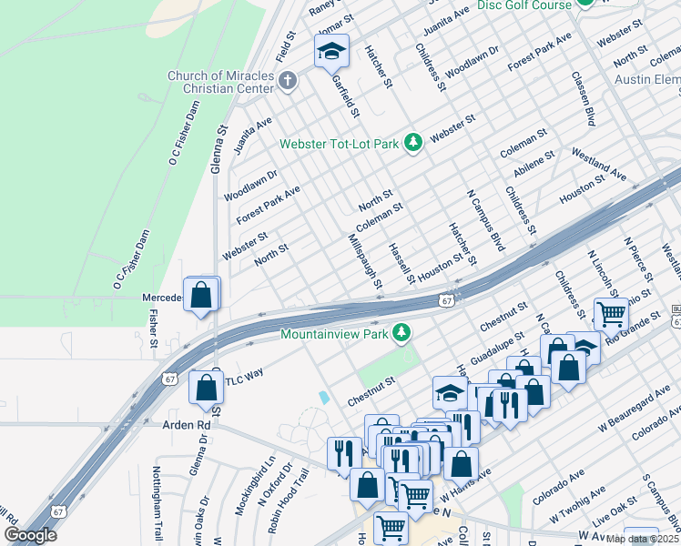 map of restaurants, bars, coffee shops, grocery stores, and more near 3029 Abilene Street in San Angelo