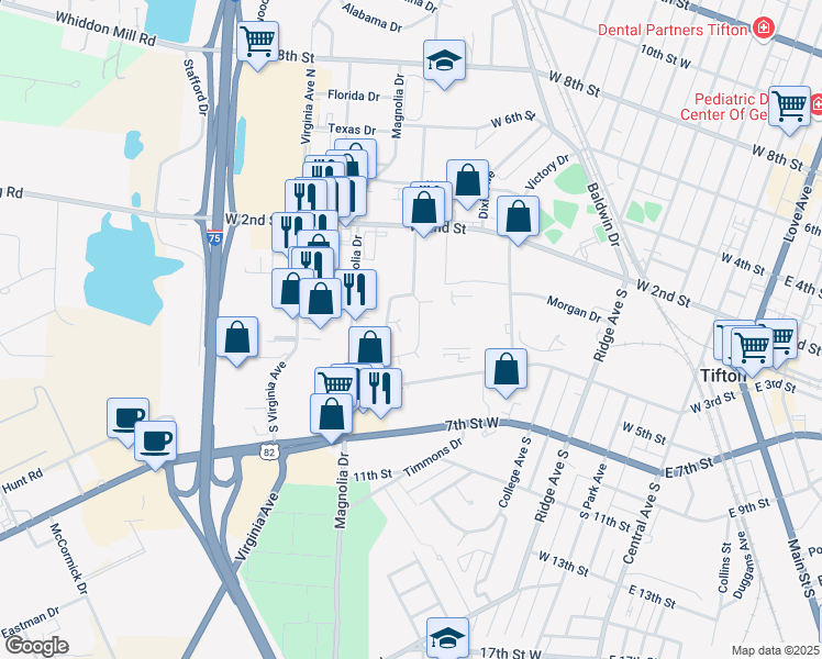 map of restaurants, bars, coffee shops, grocery stores, and more near 155 Parkway Drive in Tifton
