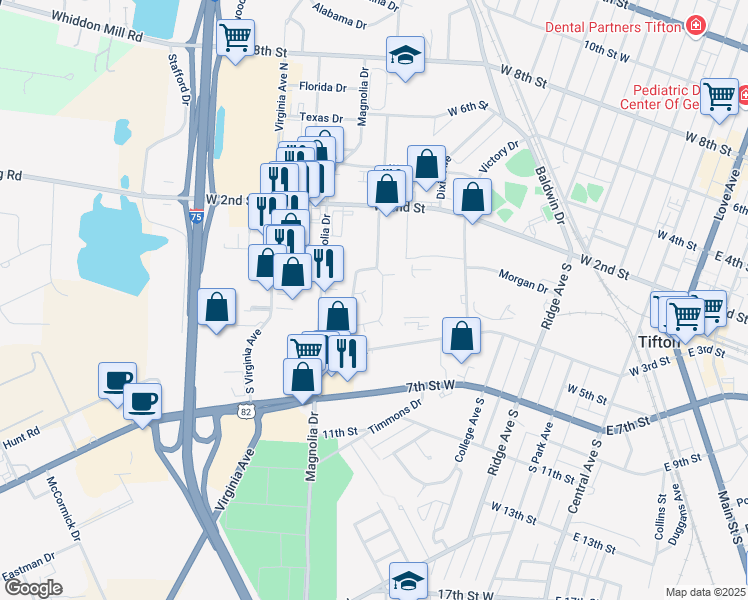 map of restaurants, bars, coffee shops, grocery stores, and more near 155 Parkway Drive in Tifton