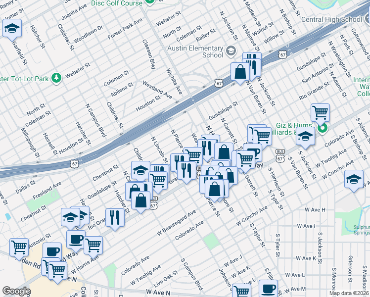 map of restaurants, bars, coffee shops, grocery stores, and more near 309-399 N Pierce St in San Angelo