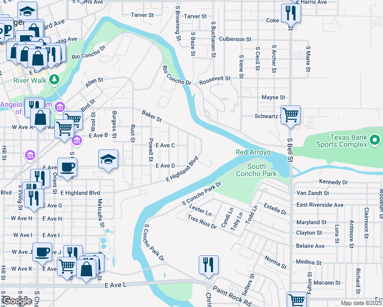map of restaurants, bars, coffee shops, grocery stores, and more near 600-698 Spencer Street in San Angelo