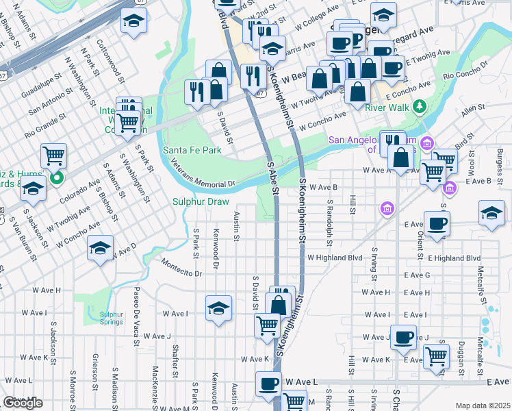 map of restaurants, bars, coffee shops, grocery stores, and more near 600 West Avenue C in San Angelo