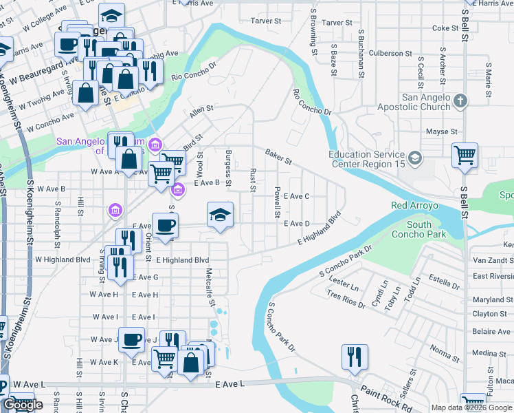 map of restaurants, bars, coffee shops, grocery stores, and more near 701 Rust Street in San Angelo