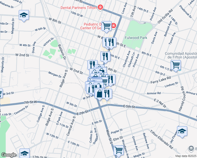 map of restaurants, bars, coffee shops, grocery stores, and more near 2nd Street East in Tifton