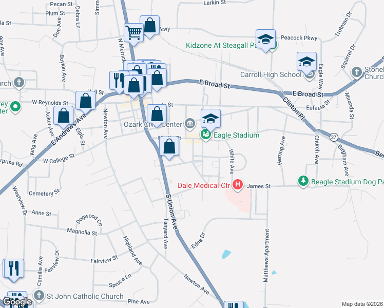 map of restaurants, bars, coffee shops, grocery stores, and more near 402- Martin Street in Ozark