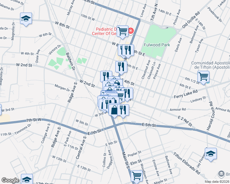 map of restaurants, bars, coffee shops, grocery stores, and more near 218 Love Avenue in Tifton