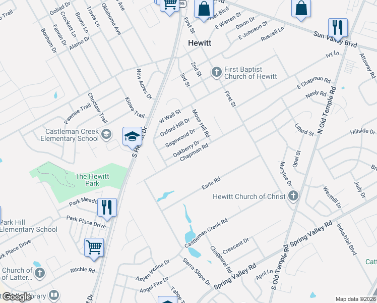 map of restaurants, bars, coffee shops, grocery stores, and more near 420 Oakberry Drive in Hewitt