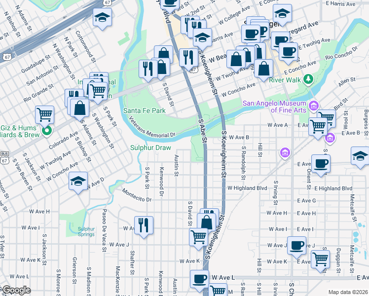map of restaurants, bars, coffee shops, grocery stores, and more near 600 West Avenue C in San Angelo