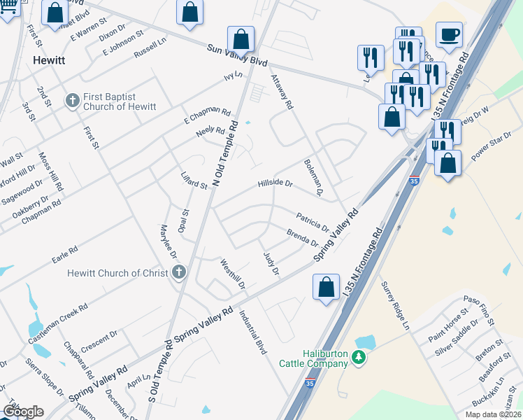 map of restaurants, bars, coffee shops, grocery stores, and more near 124 Patricia Drive in Hewitt