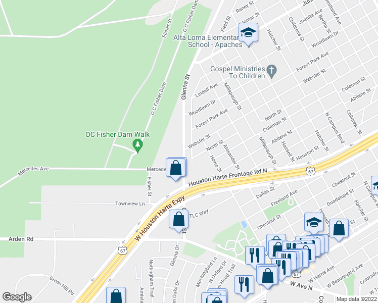 map of restaurants, bars, coffee shops, grocery stores, and more near 3506 Juanita Avenue in San Angelo