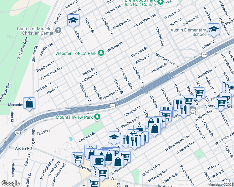 map of restaurants, bars, coffee shops, grocery stores, and more near 2714 Houston Street in San Angelo