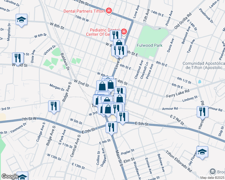 map of restaurants, bars, coffee shops, grocery stores, and more near 249-275 Brumby Way in Tifton