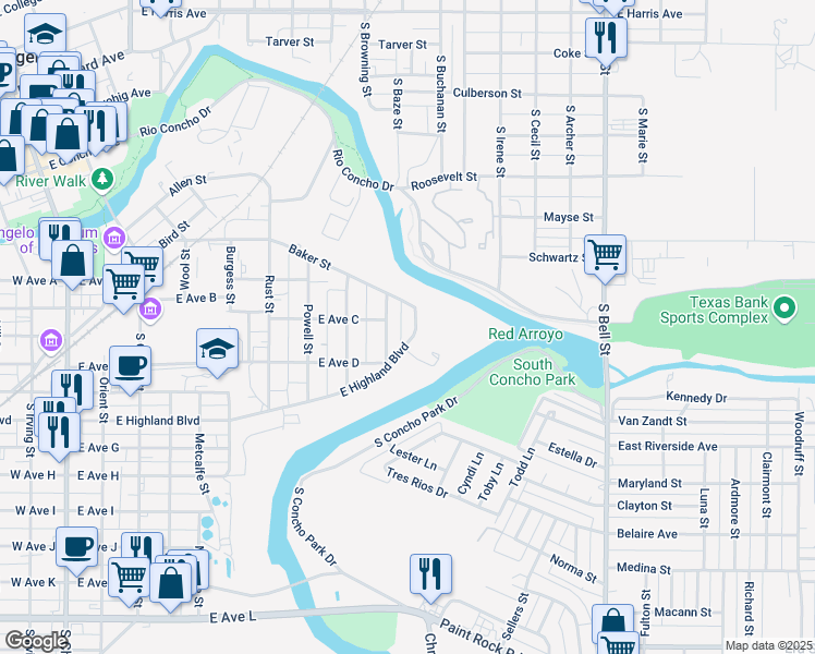 map of restaurants, bars, coffee shops, grocery stores, and more near 902-998 Baker Street in San Angelo