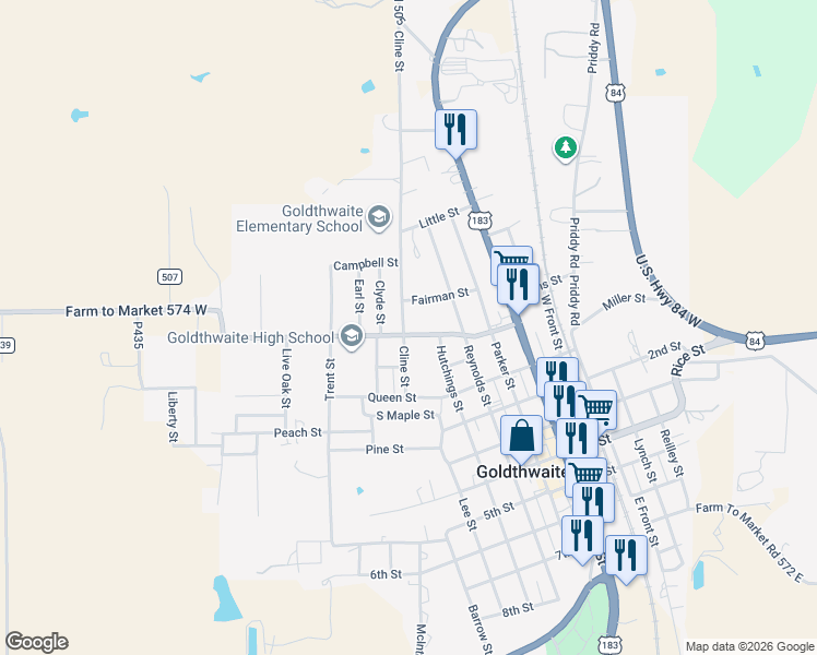 map of restaurants, bars, coffee shops, grocery stores, and more near 1312 Hanna Valley Road in Goldthwaite