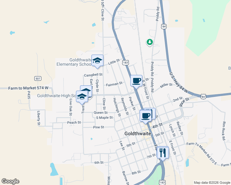 map of restaurants, bars, coffee shops, grocery stores, and more near 1208 Hanna Valley Road in Goldthwaite