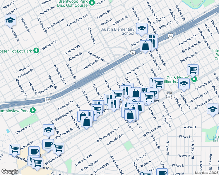 map of restaurants, bars, coffee shops, grocery stores, and more near 309 North Pierce Street in San Angelo