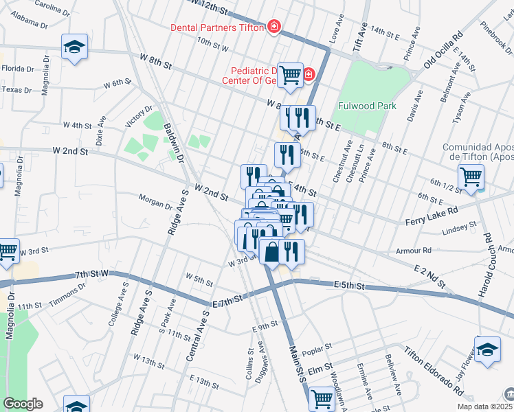 map of restaurants, bars, coffee shops, grocery stores, and more near 115 West 2nd Street in Tifton