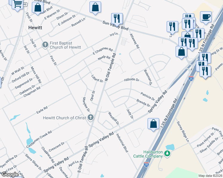 map of restaurants, bars, coffee shops, grocery stores, and more near 109 Hillside Drive in Hewitt