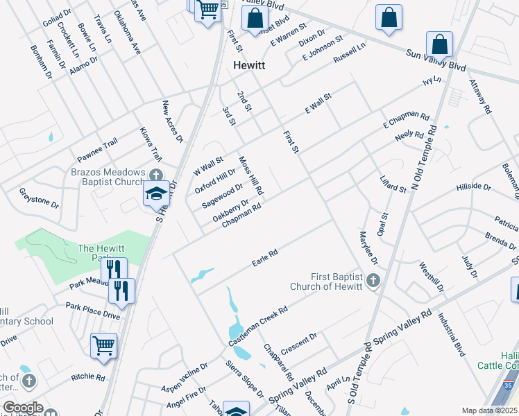 map of restaurants, bars, coffee shops, grocery stores, and more near in Hewitt