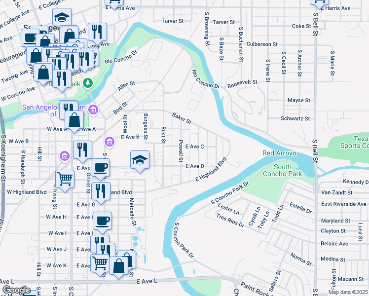 map of restaurants, bars, coffee shops, grocery stores, and more near 601 East Avenue C in San Angelo