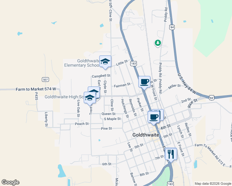 map of restaurants, bars, coffee shops, grocery stores, and more near 1312 Hanna Valley Road in Goldthwaite