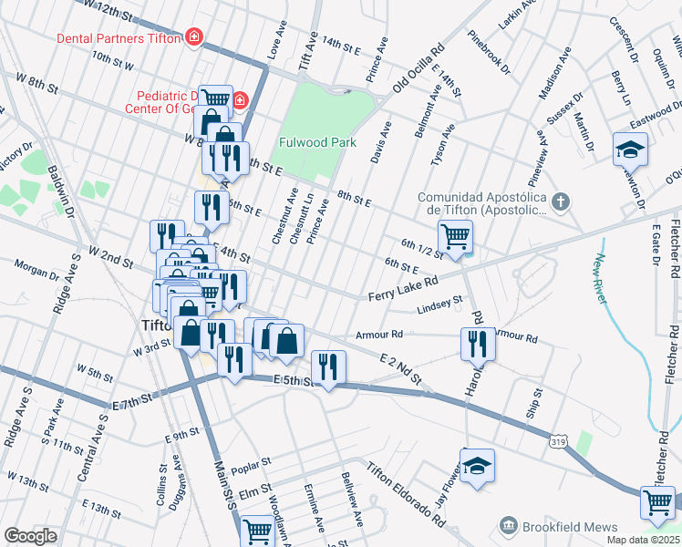 map of restaurants, bars, coffee shops, grocery stores, and more near 409 Davis Avenue in Tifton