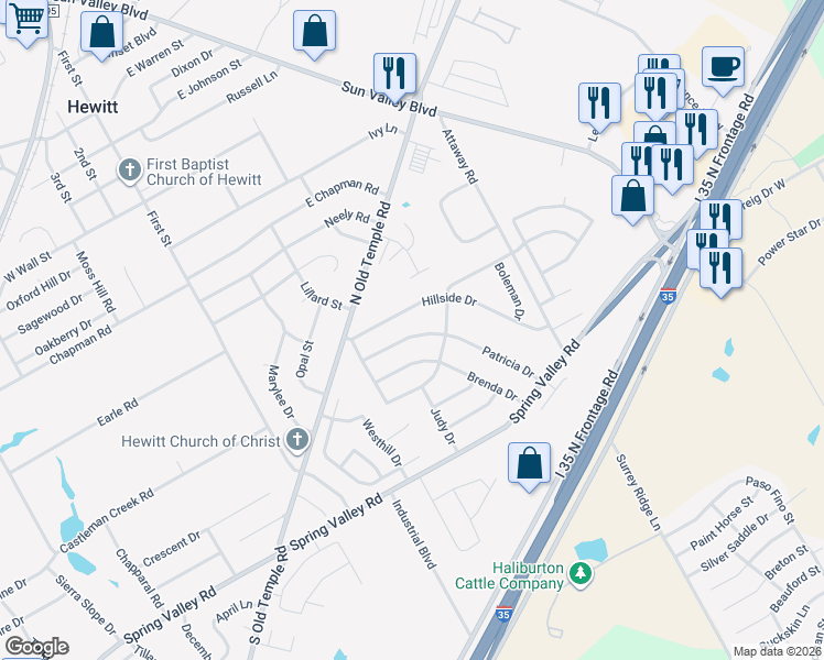 map of restaurants, bars, coffee shops, grocery stores, and more near 124 Patricia Drive in Hewitt
