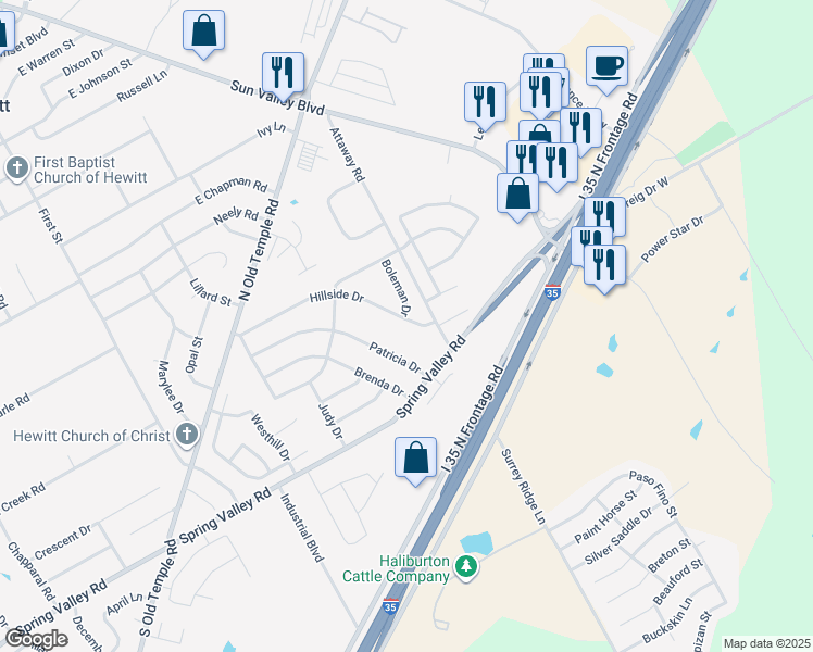 map of restaurants, bars, coffee shops, grocery stores, and more near 305 Hillside Drive in Hewitt