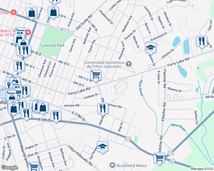 map of restaurants, bars, coffee shops, grocery stores, and more near 320-482 Ferry Lake Road in Tifton