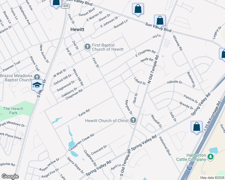 map of restaurants, bars, coffee shops, grocery stores, and more near 101 Whispering Meadows Drive in Hewitt
