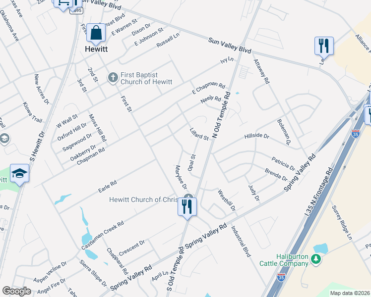 map of restaurants, bars, coffee shops, grocery stores, and more near 201 Marylee Drive in Hewitt