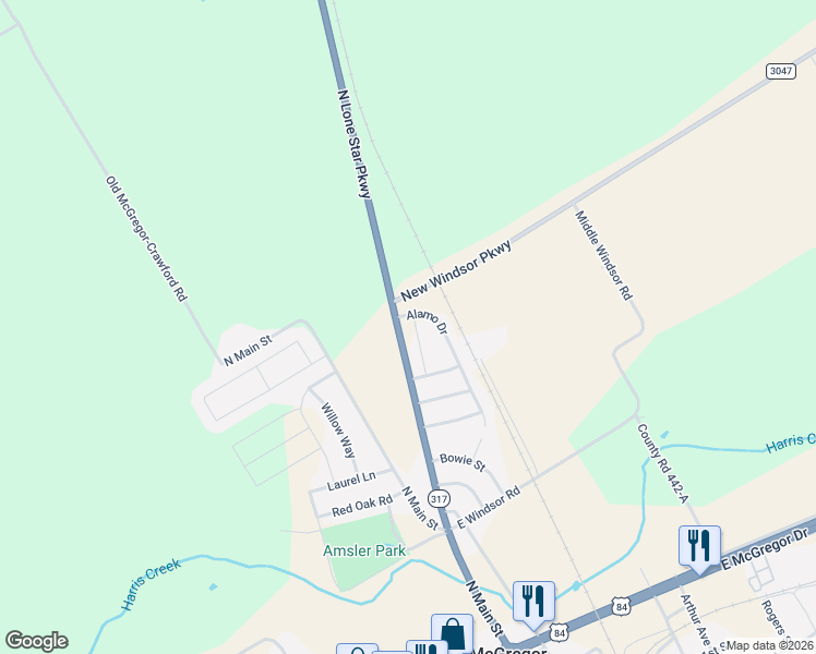 map of restaurants, bars, coffee shops, grocery stores, and more near 1015-1143 North Lone Star Parkway in McGregor