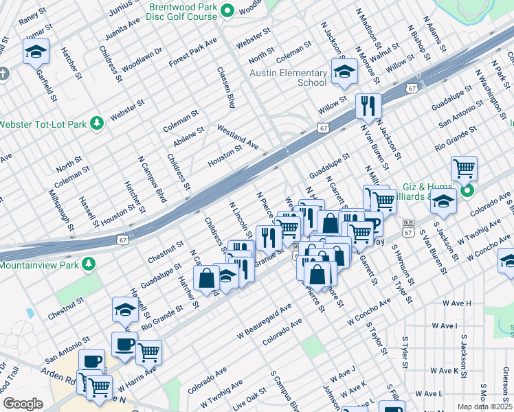 map of restaurants, bars, coffee shops, grocery stores, and more near 309-399 N Pierce St in San Angelo