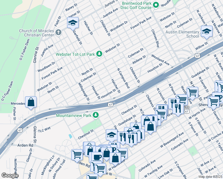 map of restaurants, bars, coffee shops, grocery stores, and more near 2714 Houston Street in San Angelo