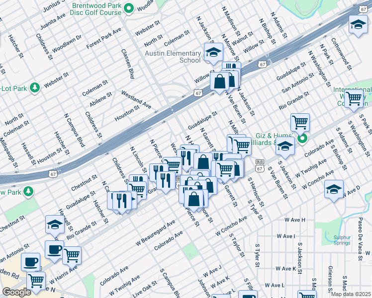 map of restaurants, bars, coffee shops, grocery stores, and more near 2113 San Antonio Street in San Angelo