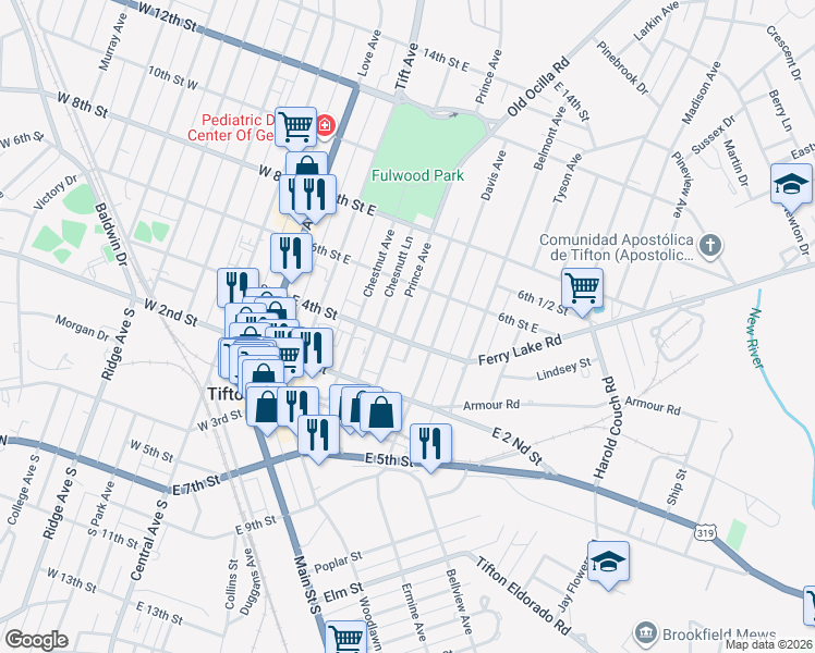 map of restaurants, bars, coffee shops, grocery stores, and more near 404 Prince Lane in Tifton