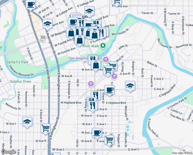 map of restaurants, bars, coffee shops, grocery stores, and more near 700 South Chadbourne Street in San Angelo