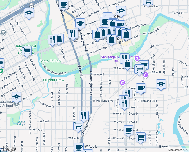 map of restaurants, bars, coffee shops, grocery stores, and more near 325 West Avenue B in San Angelo