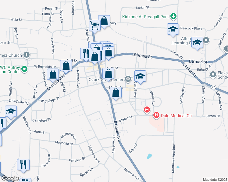 map of restaurants, bars, coffee shops, grocery stores, and more near 182 Martin Street in Ozark