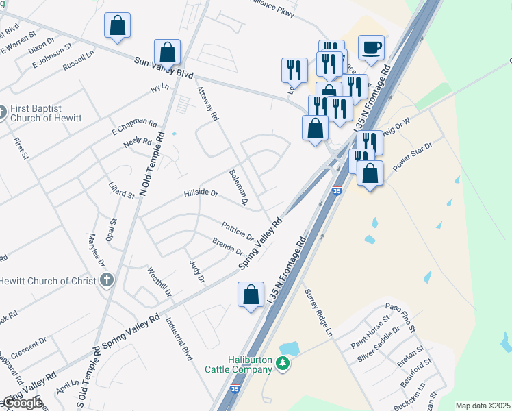 map of restaurants, bars, coffee shops, grocery stores, and more near 305 Hillside Drive in Hewitt