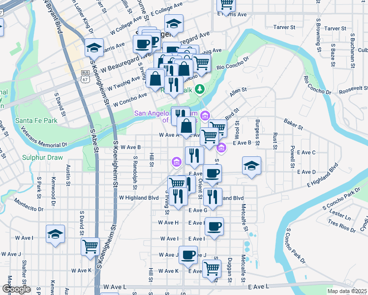 map of restaurants, bars, coffee shops, grocery stores, and more near 616 South Chadbourne Street in San Angelo