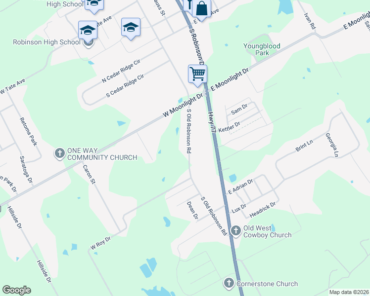 map of restaurants, bars, coffee shops, grocery stores, and more near 1045 South Old Robinson Road in Robinson
