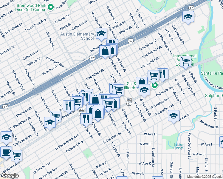 map of restaurants, bars, coffee shops, grocery stores, and more near 108 North Harrison Street in San Angelo