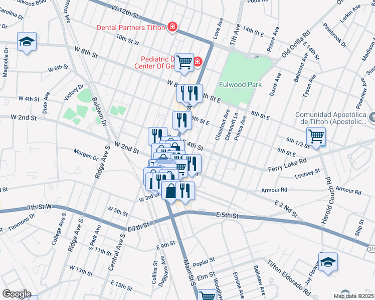 map of restaurants, bars, coffee shops, grocery stores, and more near 249 Brumby Way in Tifton