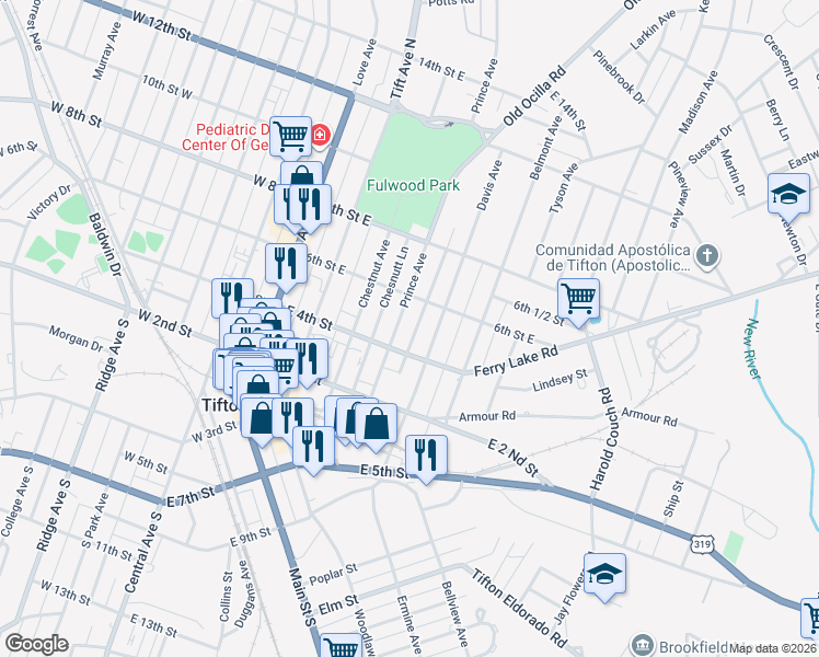 map of restaurants, bars, coffee shops, grocery stores, and more near 404 Prince Lane in Tifton