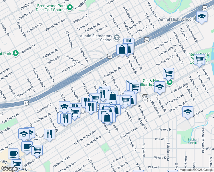 map of restaurants, bars, coffee shops, grocery stores, and more near 209 North Howard Street in San Angelo